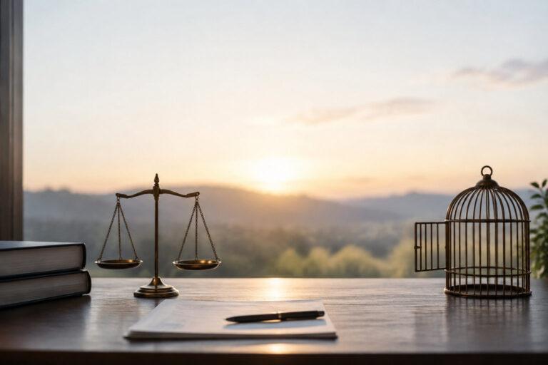 Balance de justice et cage ouverte sur un bureau avec un coucher de soleil en arrière-plan.