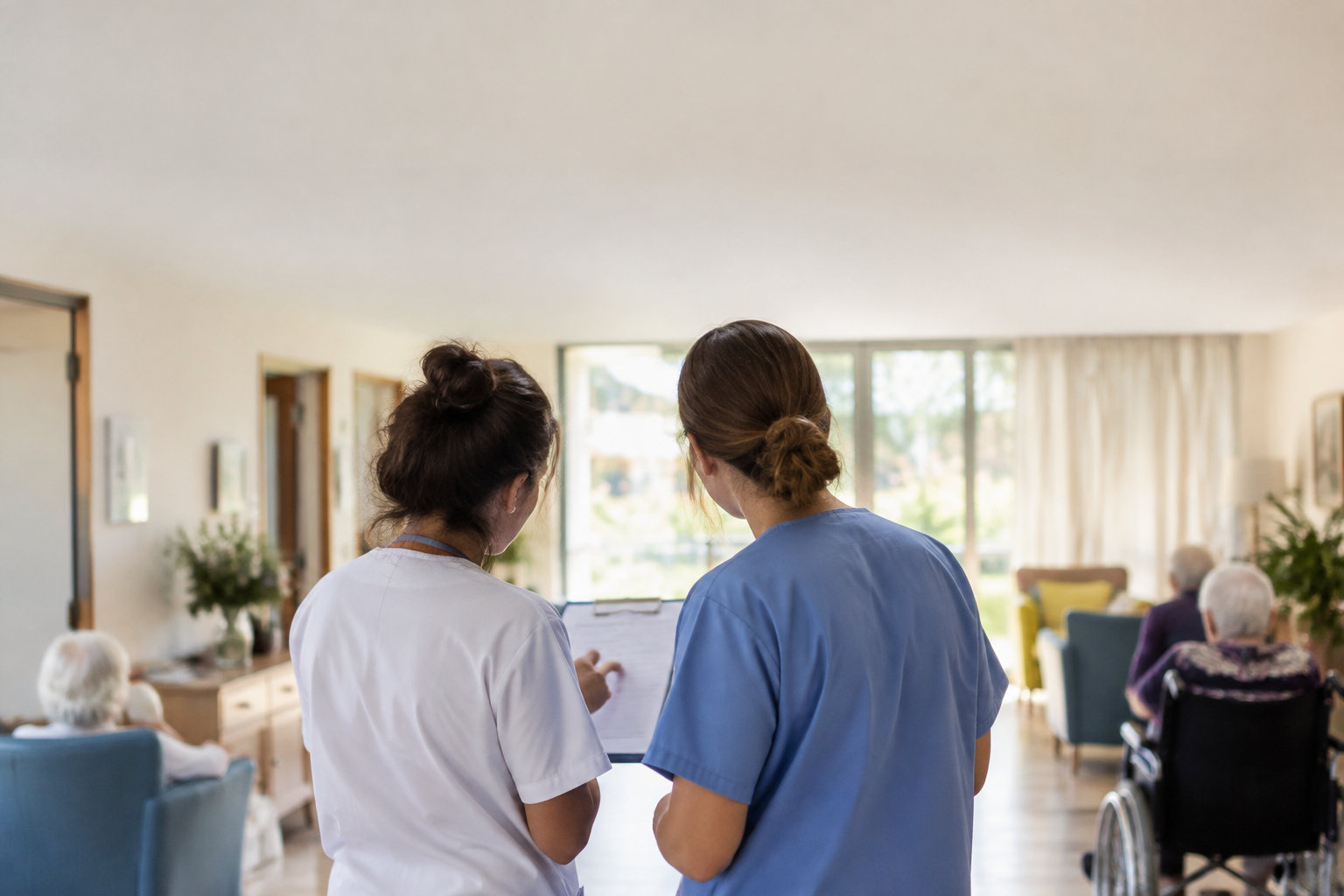 Deux infirmières en tenue de travail consultent un dossier médical dans un Ehpad avec des résidents en arrière-plan.