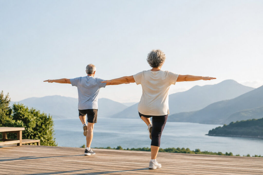 Un couple de seniors faisant de l'exercice en équilibre sur une terrasse avec une vue sur un lac et des montagnes.