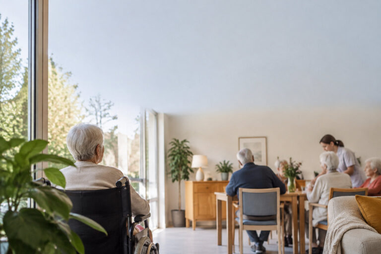 Une personne âgée en fauteuil roulant regarde par la fenêtre dans un salon de maison de retraite chaleureux.