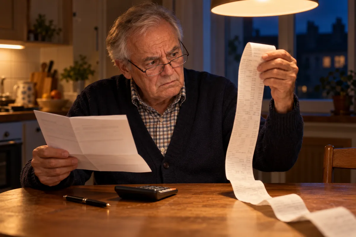 Le soir, dans une cuisine éclairée par une suspension, un homme d’environ 70 ans aux cheveux gris, lunettes sur le nez et cardigan sombre, fronce les sourcils en tenant d’une main un très long ticket de caisse qui retombe sur la table et de l’autre un courrier plié, une calculatrice devant lui.