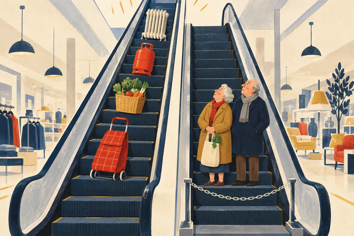 Illustration à la gouache dans un grand magasin : sur un escalator qui monte s’élèvent un chariot rouge, un panier de légumes, une bouteille de gaz et un radiateur, tandis qu’à côté un couple de retraités en manteau reste immobile sur un escalator arrêté, barré par une chaîne, les yeux levés vers les objets.