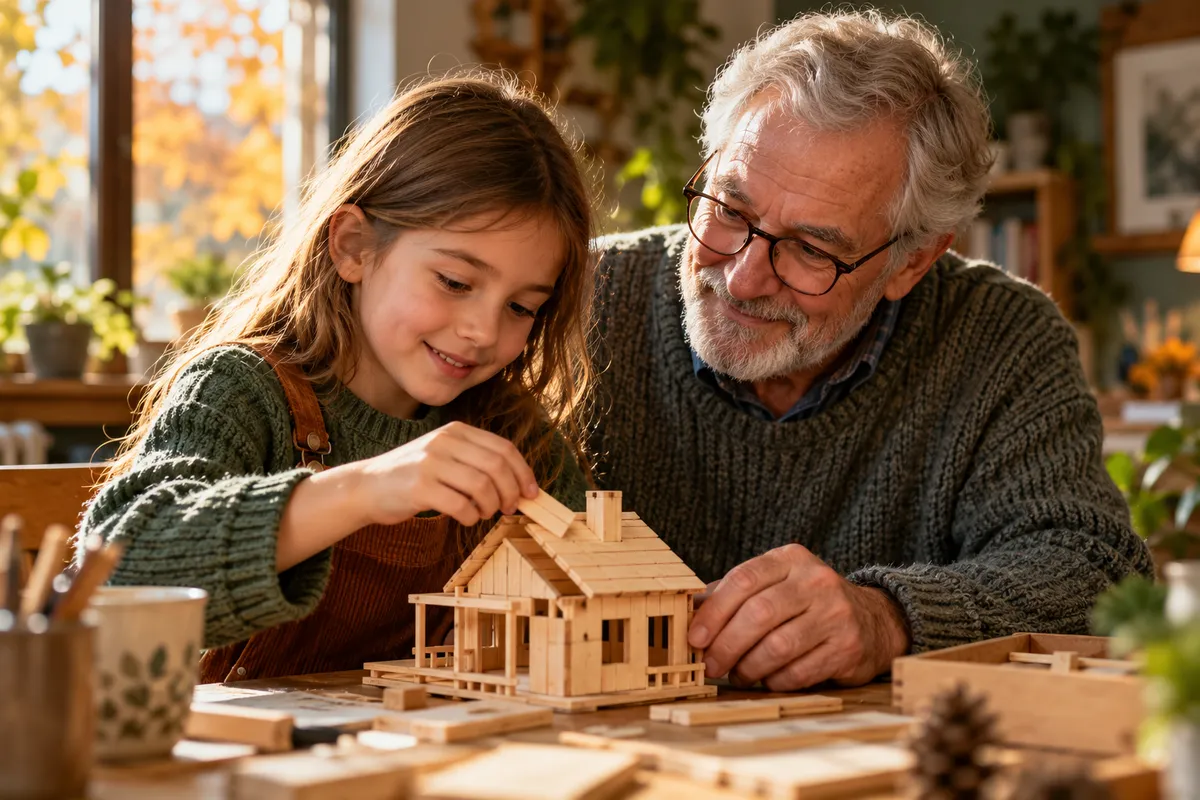 Un grand-père et une enfant partagent une activité manuelle à une table.