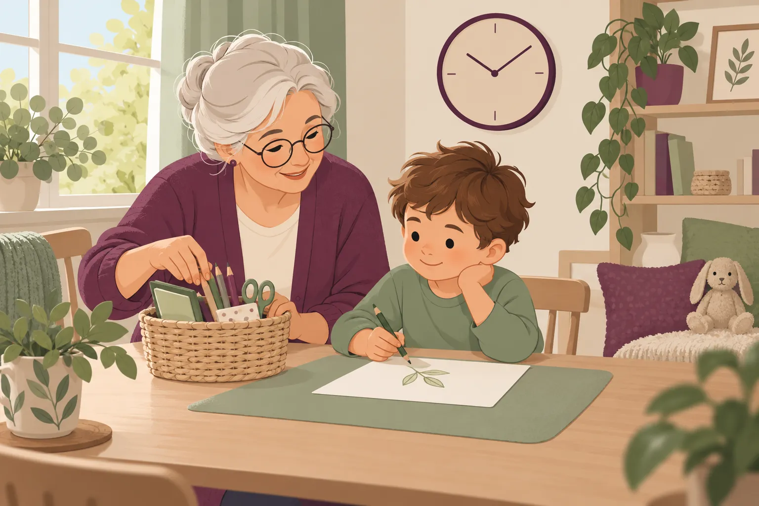Illustration d’une grand-mère aidant un enfant à organiser une activité dans un espace calme.