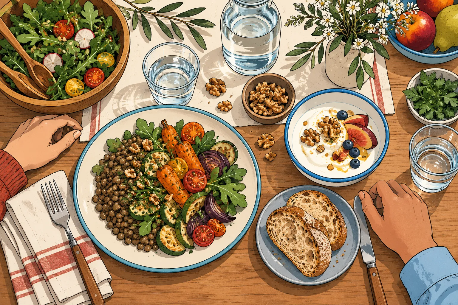 Quelques noix en appoint d’un repas varié Illustration d’une table avec des aliments variés et quelques noix dans un bol de fromage blanc aux fruits.