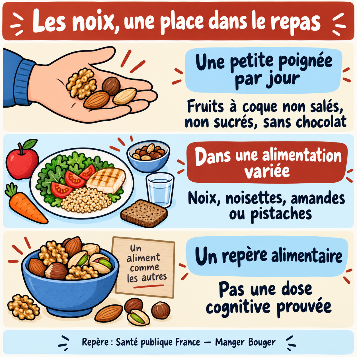 Les fruits à coque dans l’alimentation quotidienne Repère alimentaire : une petite poignée quotidienne de fruits à coque nature, dans une alimentation variée, sans dose cognitive prouvée.