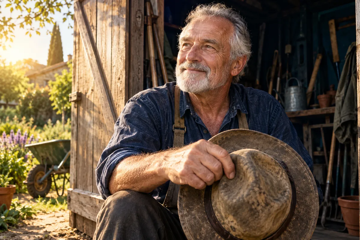 Un homme âgé tient un chapeau de travail près d’un abri avec des outils.
