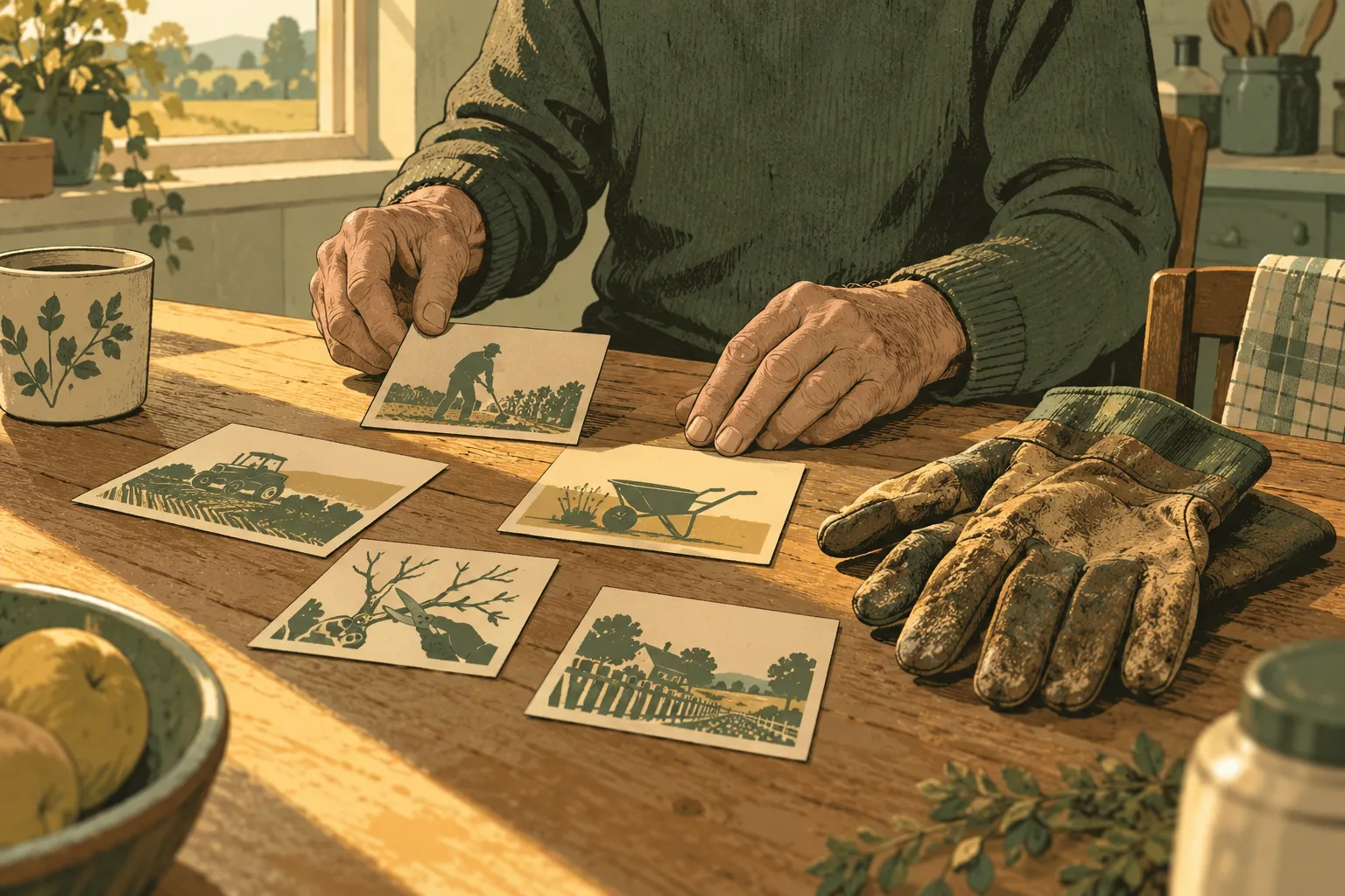 Des mains organisent des cartes de parcours professionnel près de gants de travail.