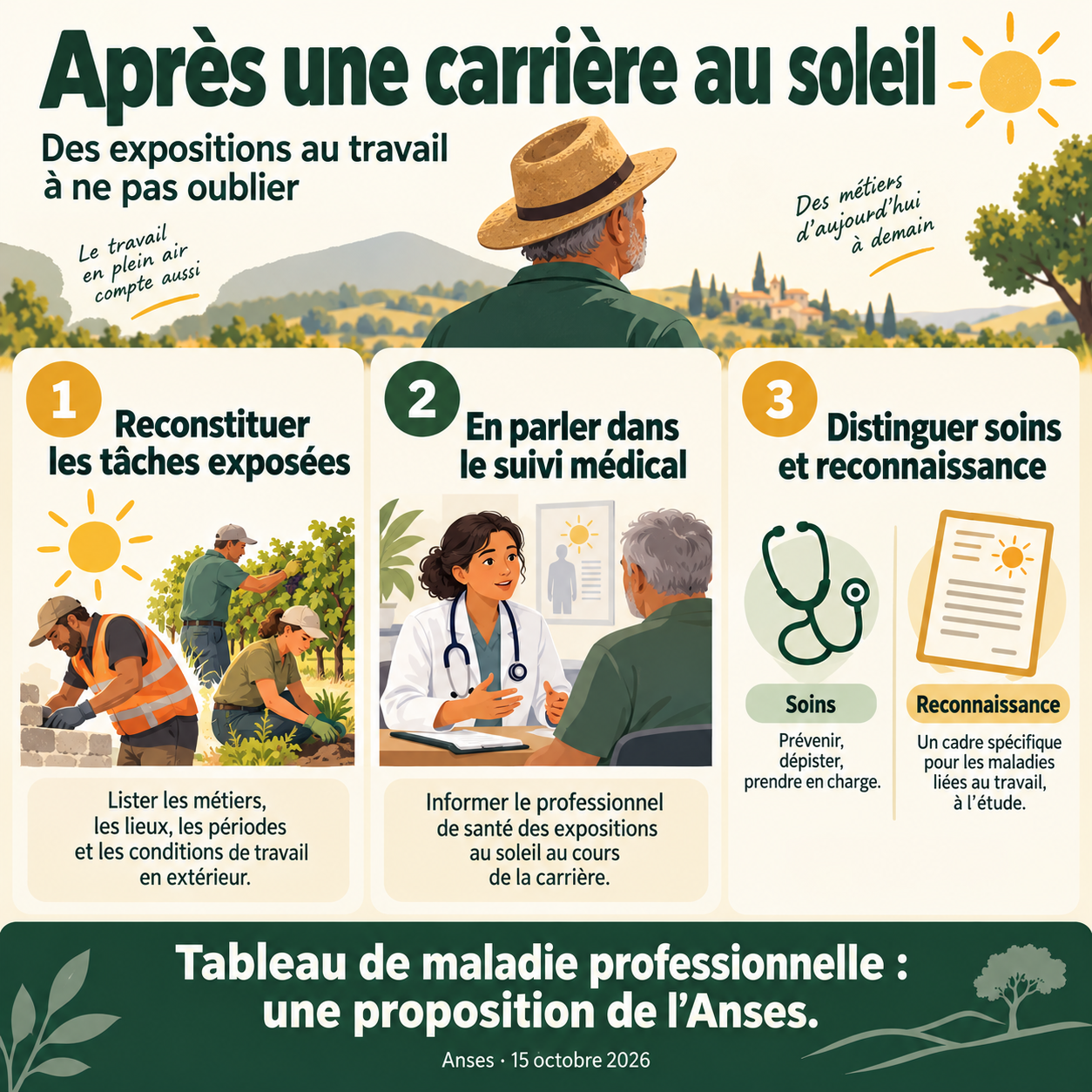 Après une carrière au soleil : reconstituer les tâches, en parler dans le suivi médical et distinguer soins et reconnaissance ; le tableau reste une proposition.