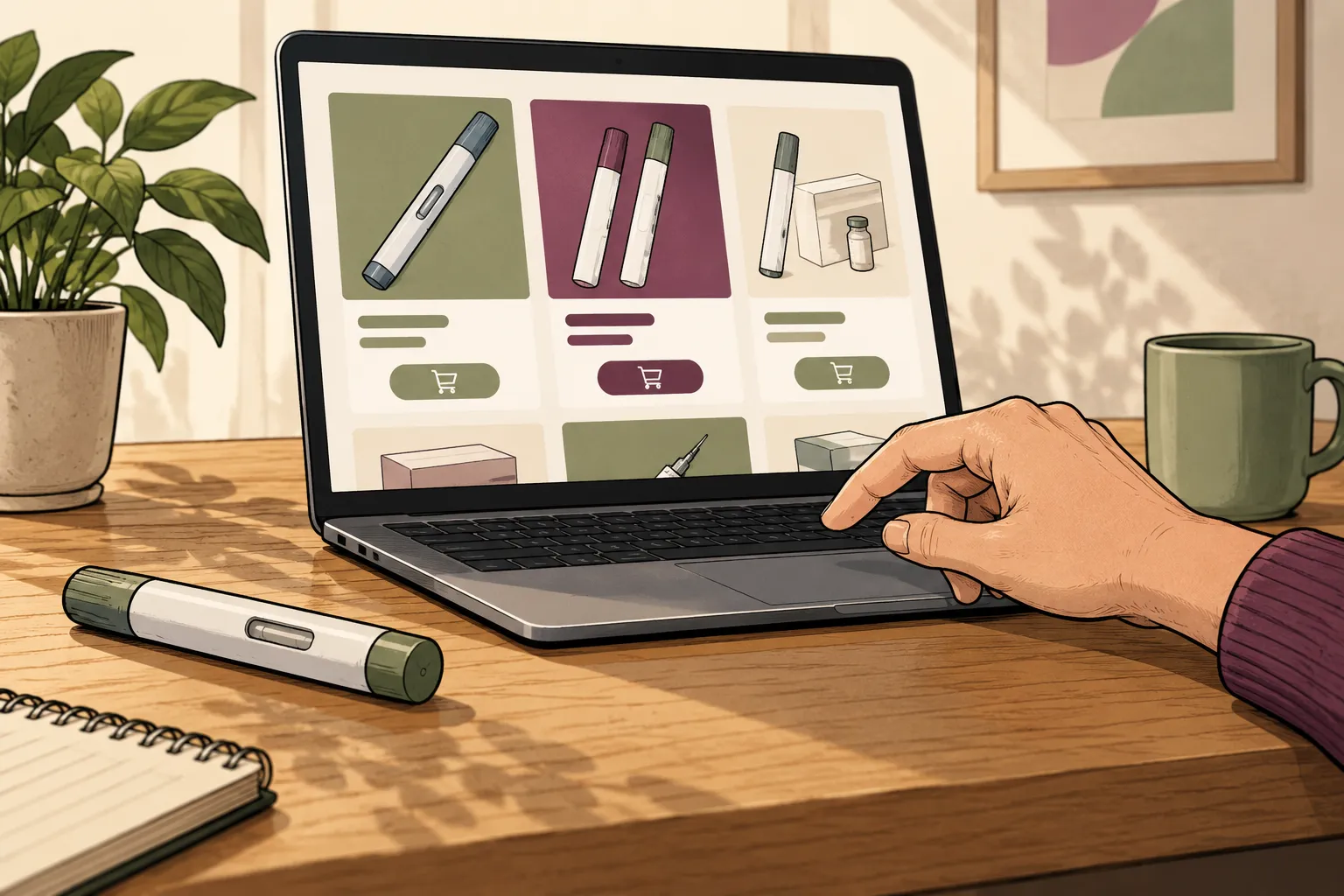 Un stylo injectable près d’un ordinateur présentant des offres d’achat en ligne.