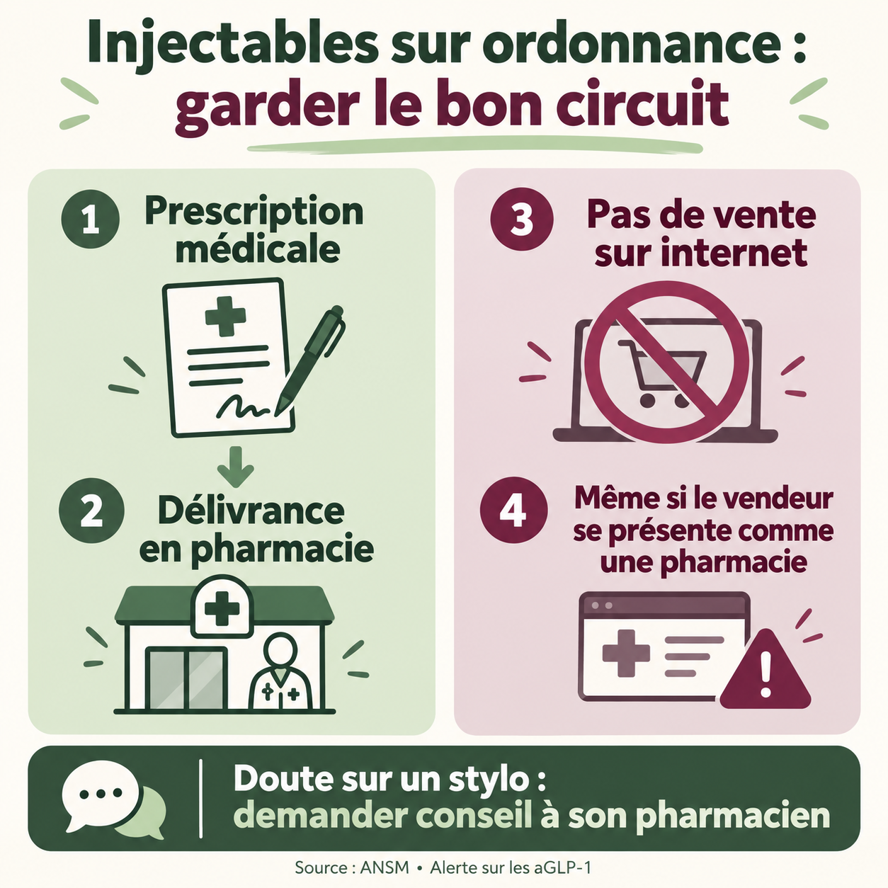 Circuit des injectables aGLP-1 : prescription médicale et délivrance en pharmacie, sans vente sur internet.