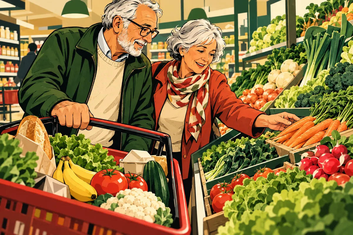 Dessin de presse d’un couple senior choisissant ensemble des légumes avec un panier au supermarché.