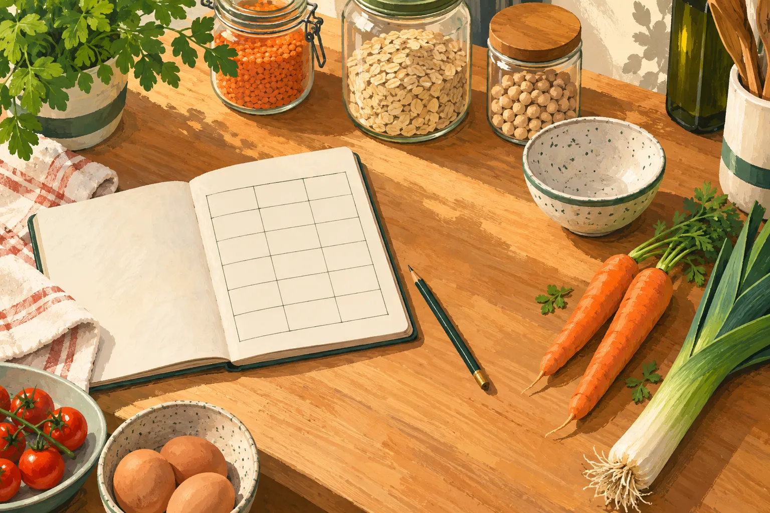 Organiser les repas plutôt que suivre une seule promotion Illustration d’une table de cuisine avec un carnet, un crayon, des bocaux et des légumes.