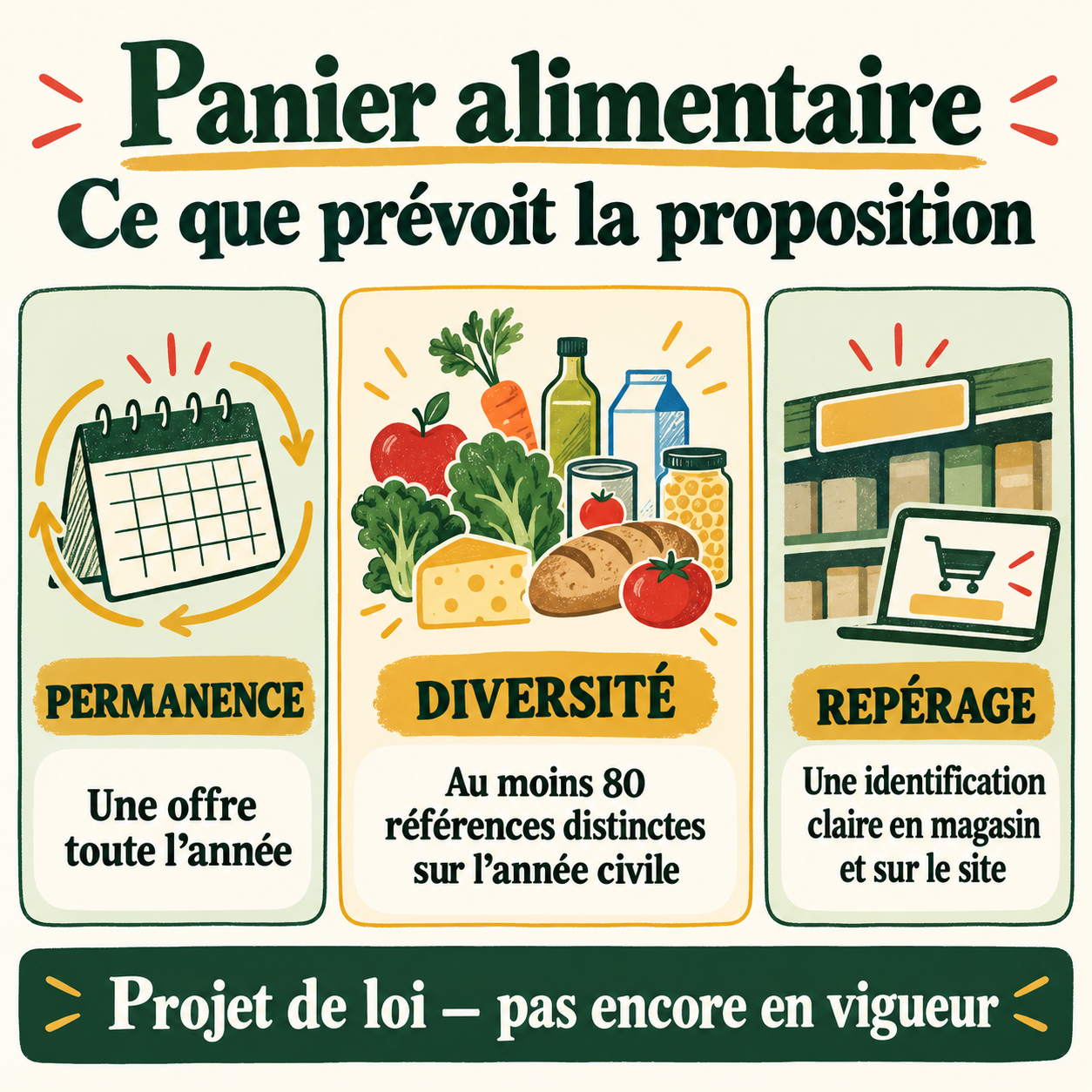Trois repères du panier alimentaire proposé Proposition de panier alimentaire : permanence de l’offre, au moins 80 références distinctes sur l’année civile et identification claire en magasin et sur le site.