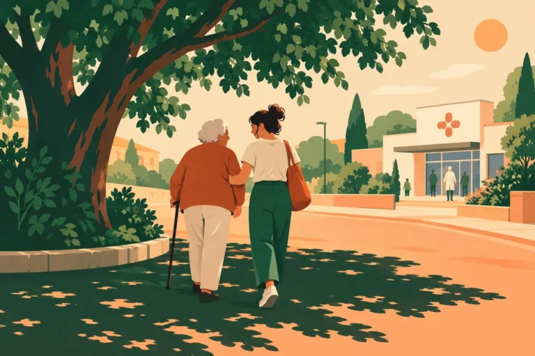 Illustration de deux personnes d’âges différents dans une rue chaude, près d’une zone d’ombre et d’un lieu de soins générique.