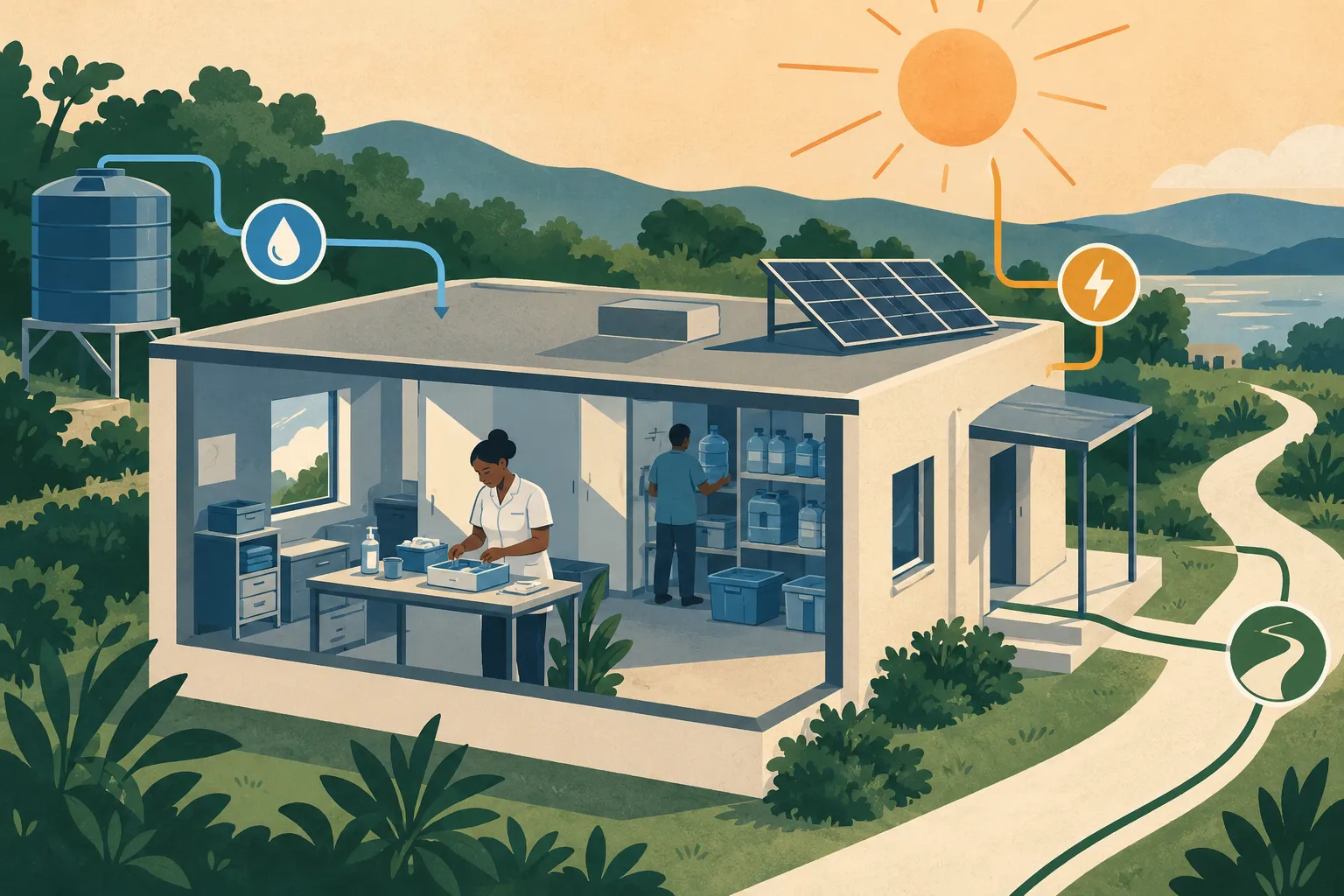 Illustration conceptuelle d’un lieu de soins et de ses liens avec l’eau, l’énergie et l’accès au bâtiment.