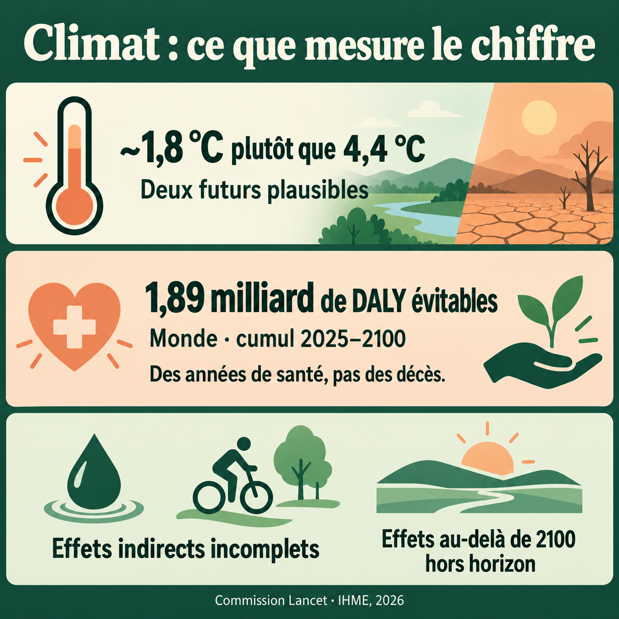 Repères sur l’estimation climatique : deux futurs, des DALY évitables cumulés dans le monde entre 2025 et 2100 et un périmètre incomplet.