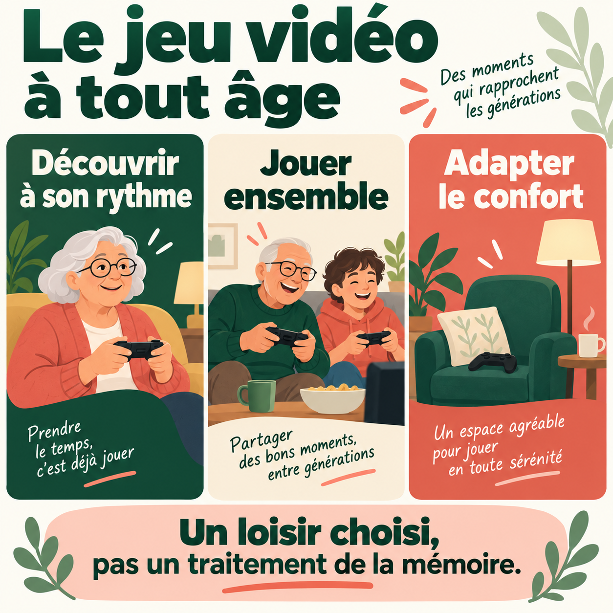 Trois critères pour découvrir un loisir : aller à son rythme, jouer ensemble et adapter le confort, sans promesse de traitement de la mémoire.