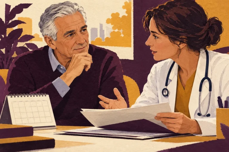 Illustration d’un homme âgé et d’une médecin discutant un dossier et un calendrier.