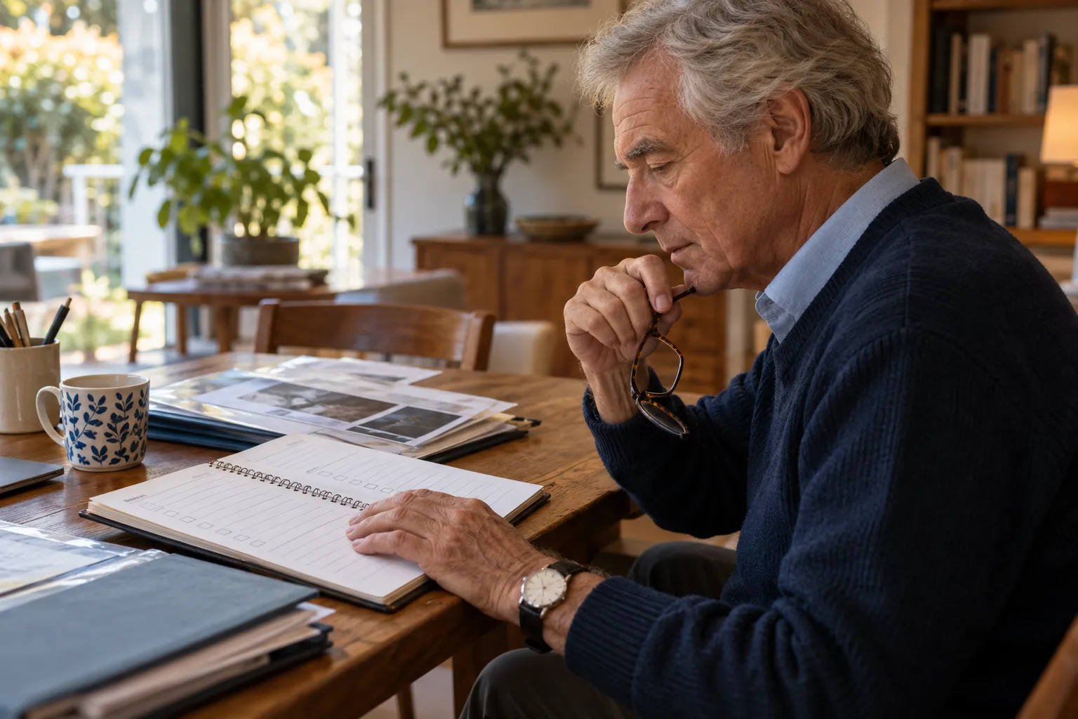 Homme âgé consultant un carnet de suivi à sa table.