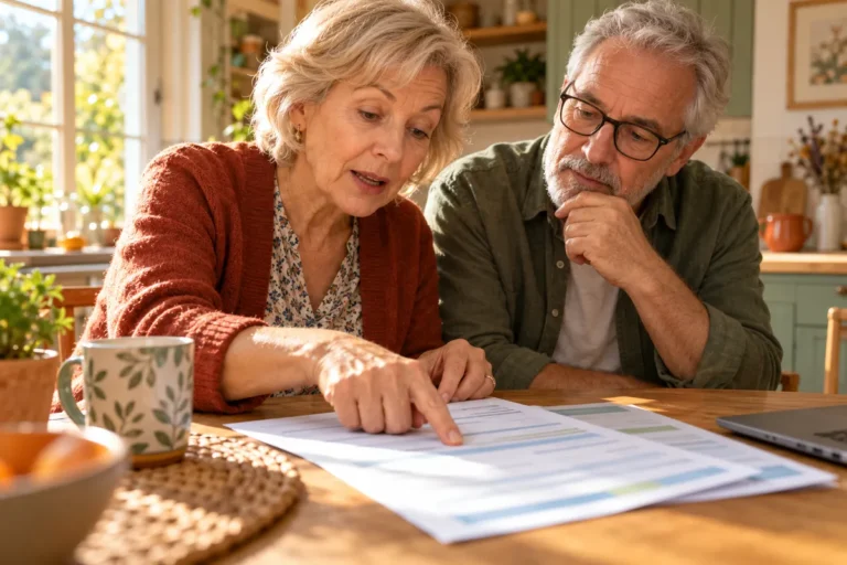 Une retraitée montre une ligne d’un document à son conjoint, à une table de cuisine.