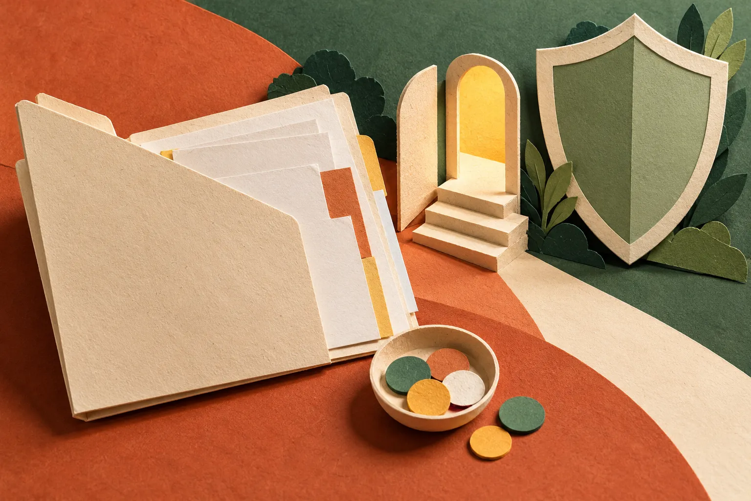 Dossier, jetons et bouclier en papier découpé évoquant une protection accessible sous conditions de ressources.