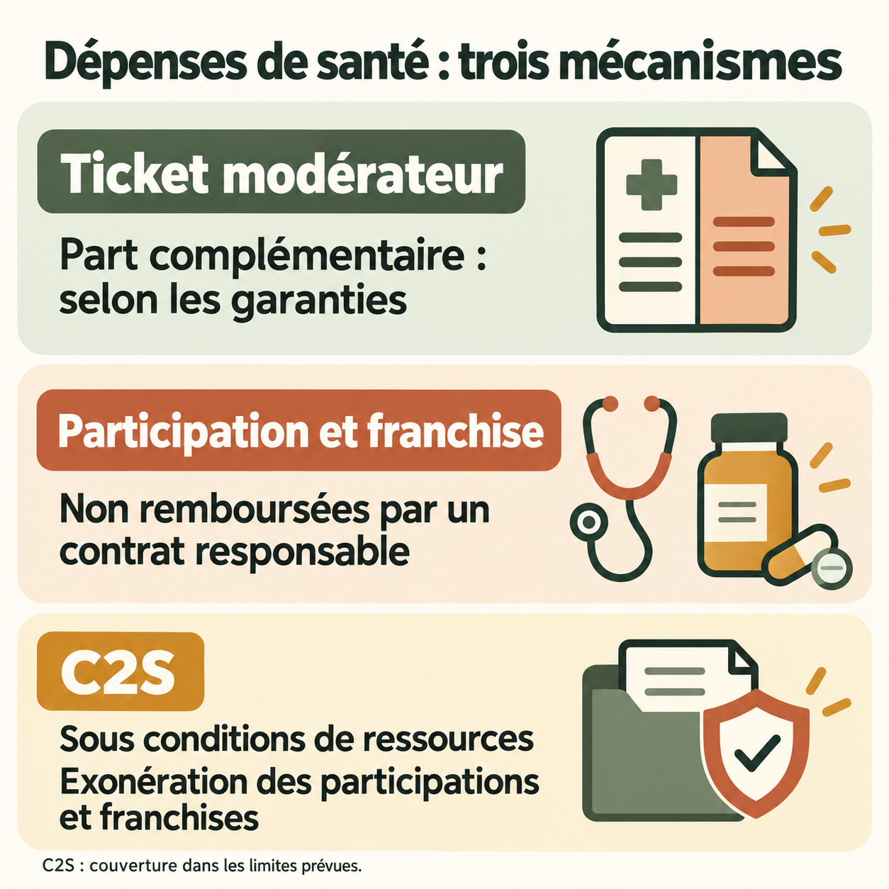 Trois mécanismes distincts : ticket modérateur selon les garanties, participations et franchises non remboursées par un contrat responsable, exonération avec la C2S sous conditions de ressources.