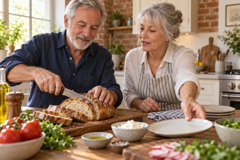 Deux adultes retraités préparent une tartine à une table de cuisine.
