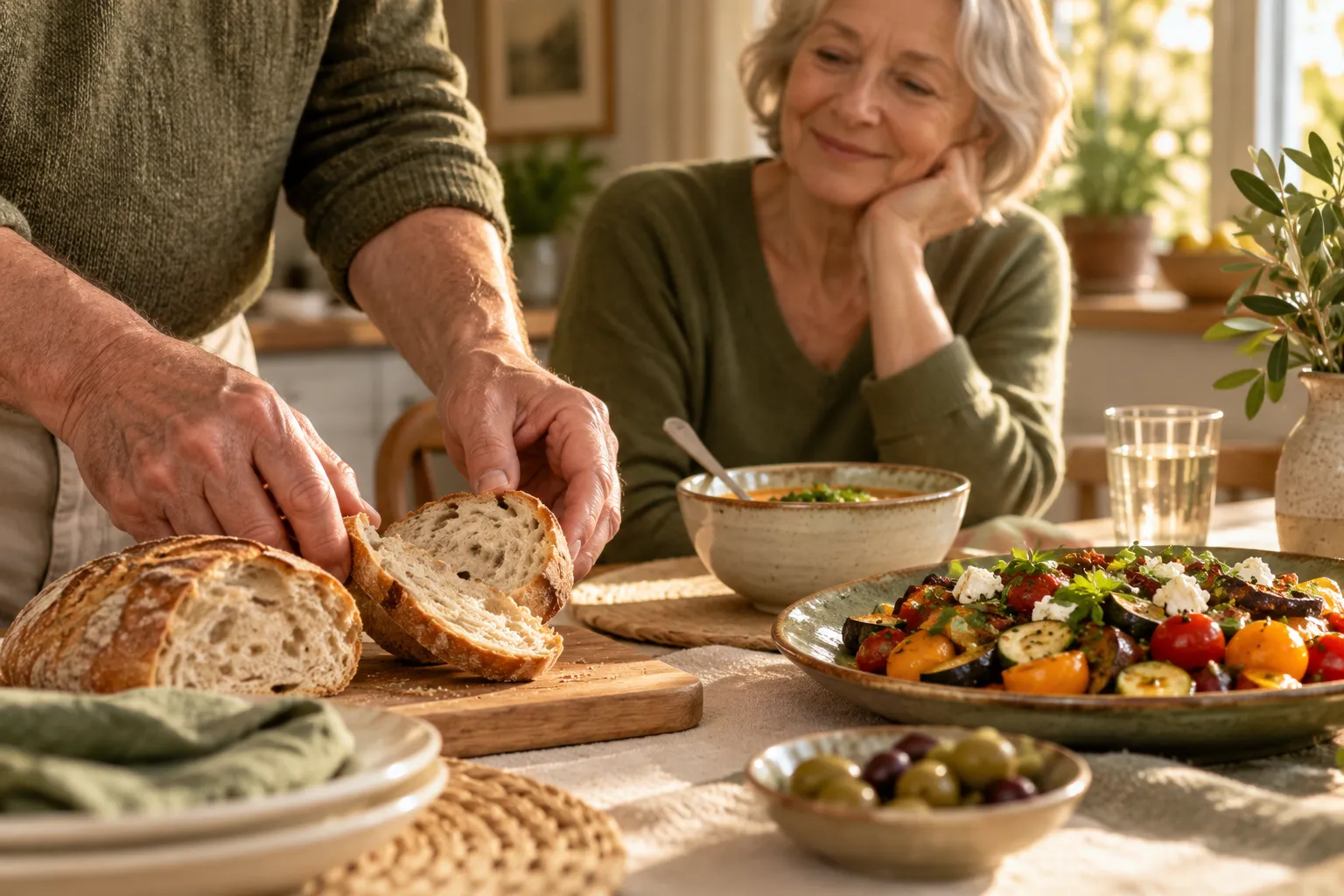 Un repas est disposé sur une table par une personne retraitée.