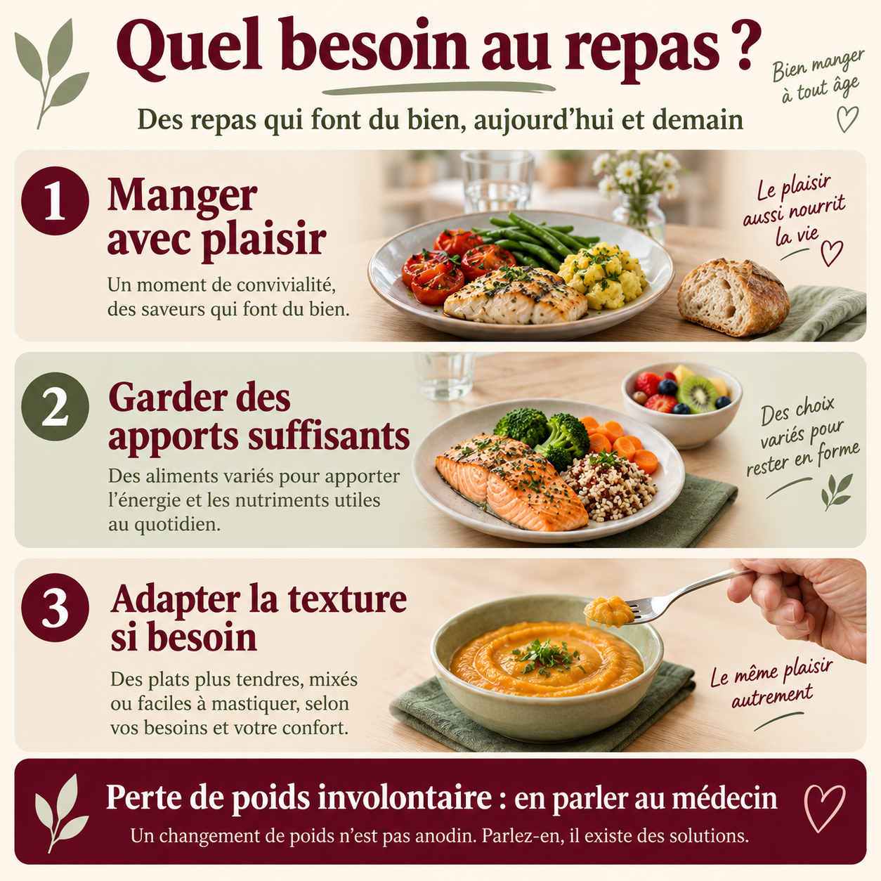 Plaisir de manger, apports suffisants et texture adaptée selon les besoins.
