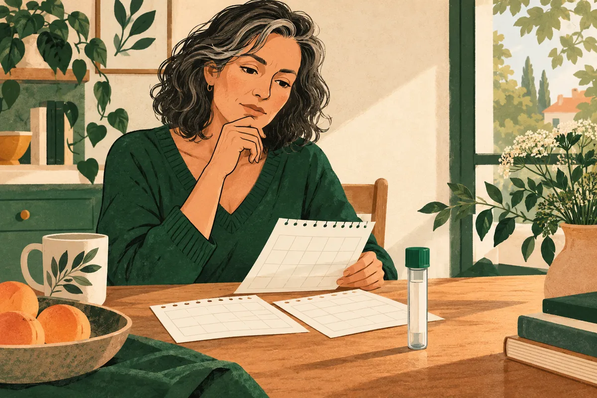 Dessin d’une femme songeuse devant des pages de calendrier sans chiffres et un tube de prélèvement neutre.