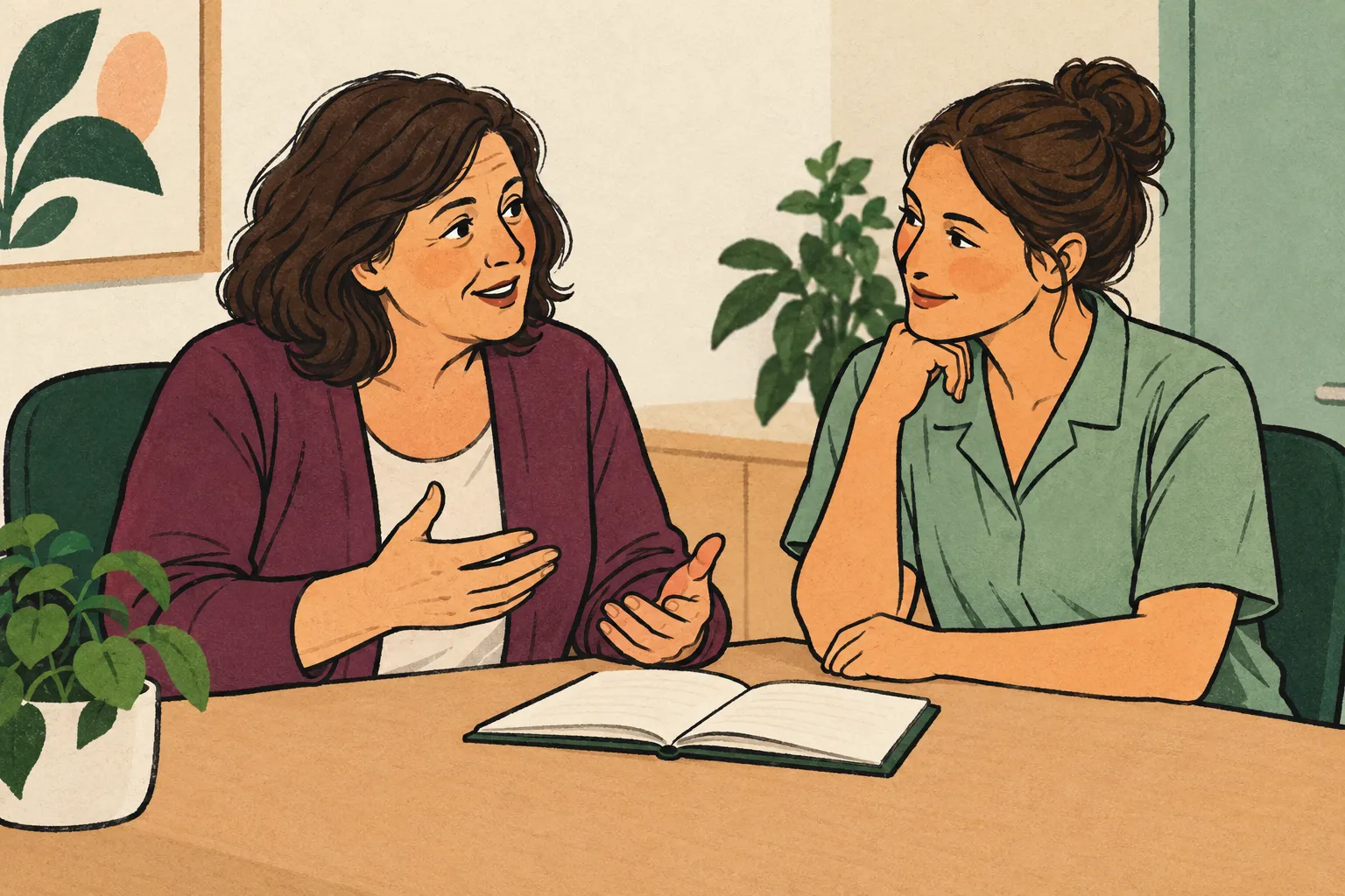 Dessin d’une femme et d’une professionnelle de santé échangeant autour d’un carnet dans un cabinet.
