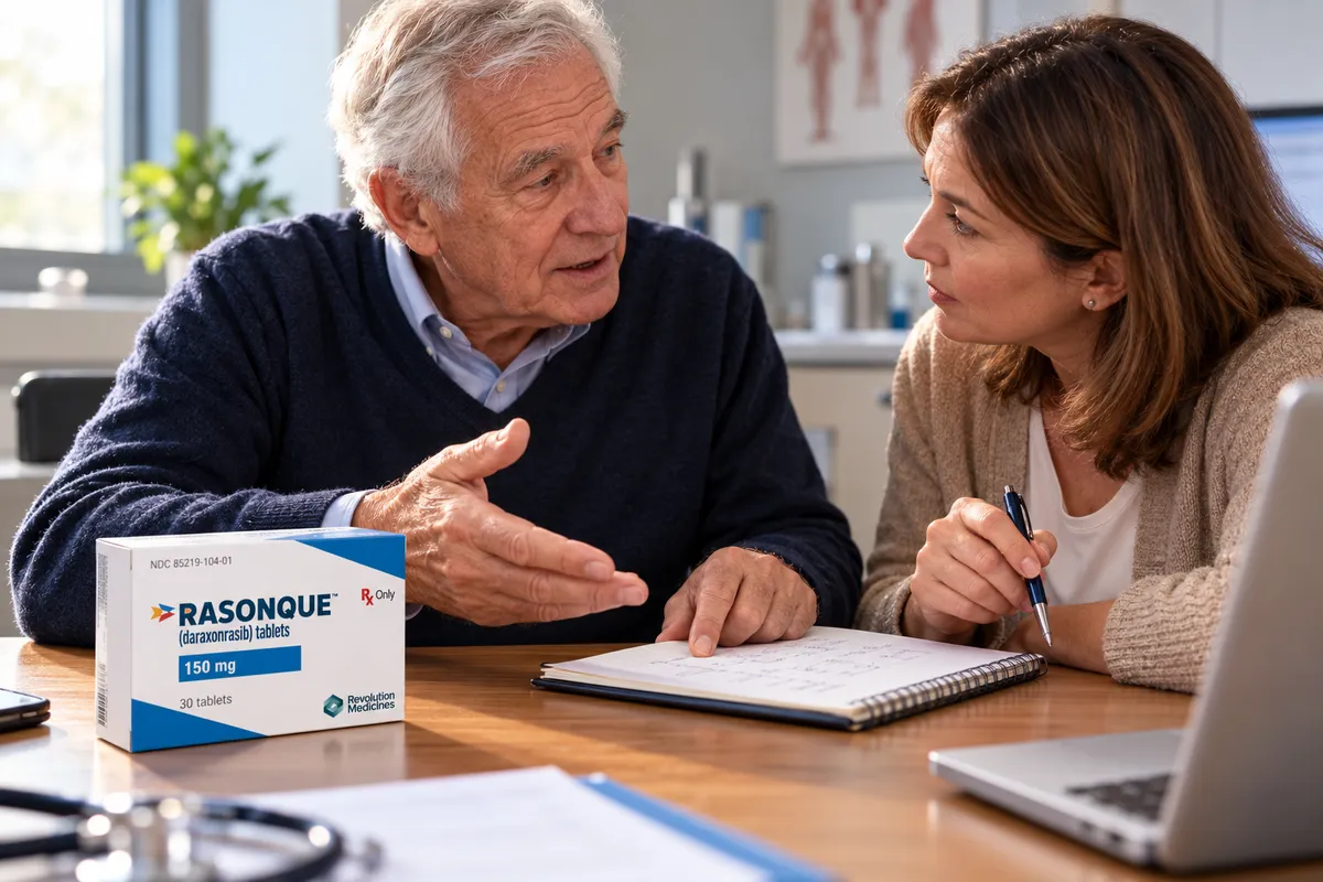 Scène illustrative d’échange entre un patient âgé et une proche autour d’un carnet et d’une boîte de médicament.