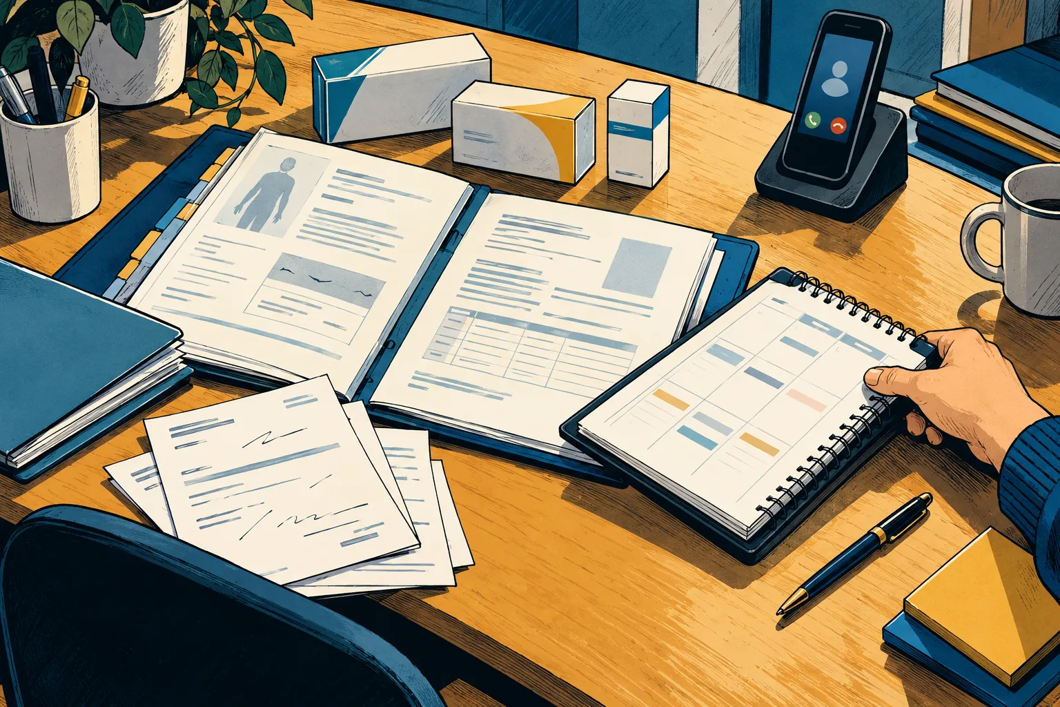 Illustration d’un dossier, de médicaments, d’un carnet de rendez-vous et d’un téléphone pour évoquer la coordination du suivi.