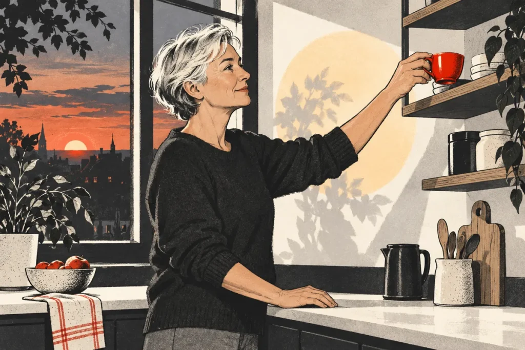 Illustration d’un adulte rangeant une tasse près d’une fenêtre au crépuscule.
