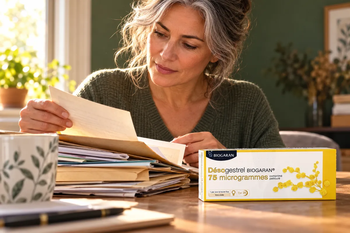 Une femme trie des documents médicaux à une table où est posée une boîte de contraceptif.