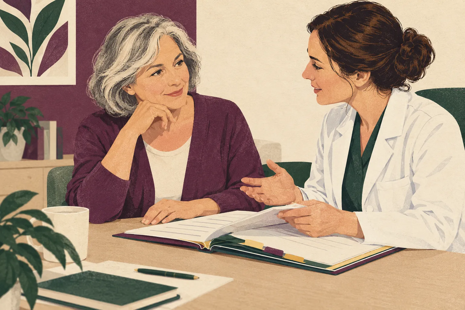 Illustration d’un échange médical pour retracer les traitements pris au fil des années.