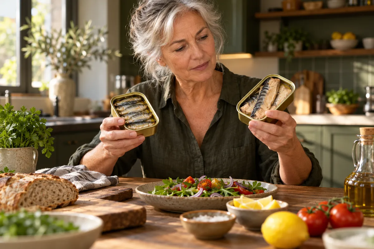 Une femme âgée compare deux conserves de poisson dans sa cuisine.