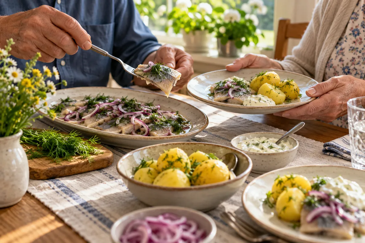 Service de hareng avec des pommes de terre et des herbes.