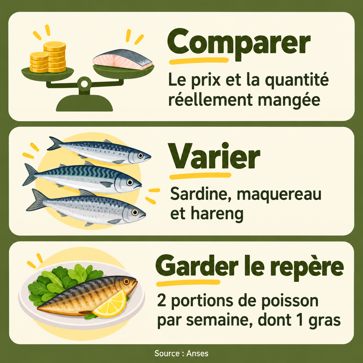Repères : Comparer — Le prix et la quantité réellement mangée ; Varier — Sardine, maquereau et hareng ; Garder le repère — 2 portions de poisson par semaine, dont 1 gras.