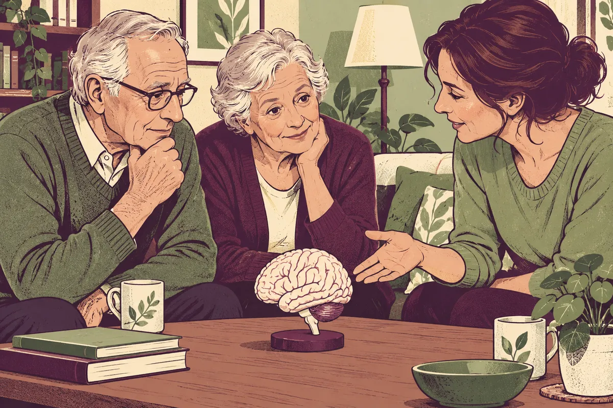 Dessin éditorial d’un couple âgé et d’un proche adulte échangeant autour d’un modèle de cerveau dans un salon.