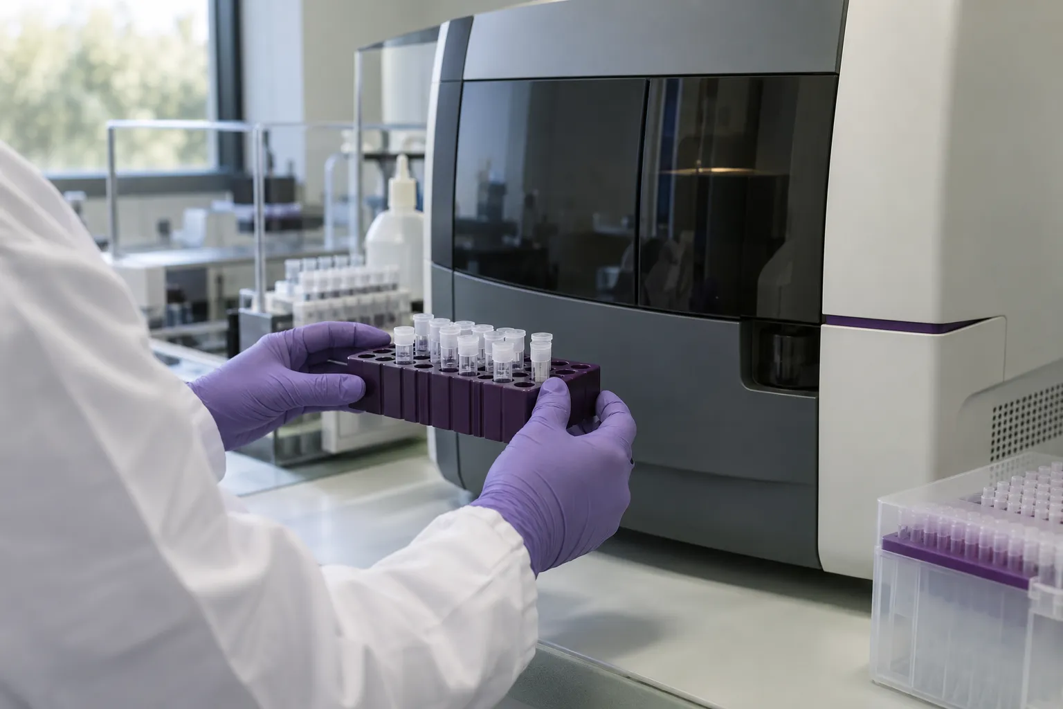 Vue illustrative de mains gantées manipulant des tubes près d’un appareil de tri cellulaire en laboratoire.