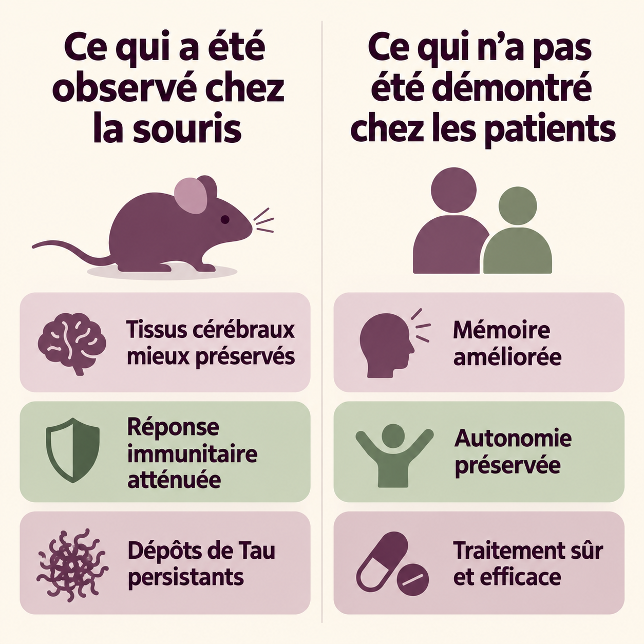 Chez la souris : tissus cérébraux mieux préservés, réponse immunitaire atténuée et dépôts de Tau persistants. Chez les patients, une amélioration de la mémoire, de l’autonomie et un traitement sûr et efficace n’ont pas été démontrés par cette étude.