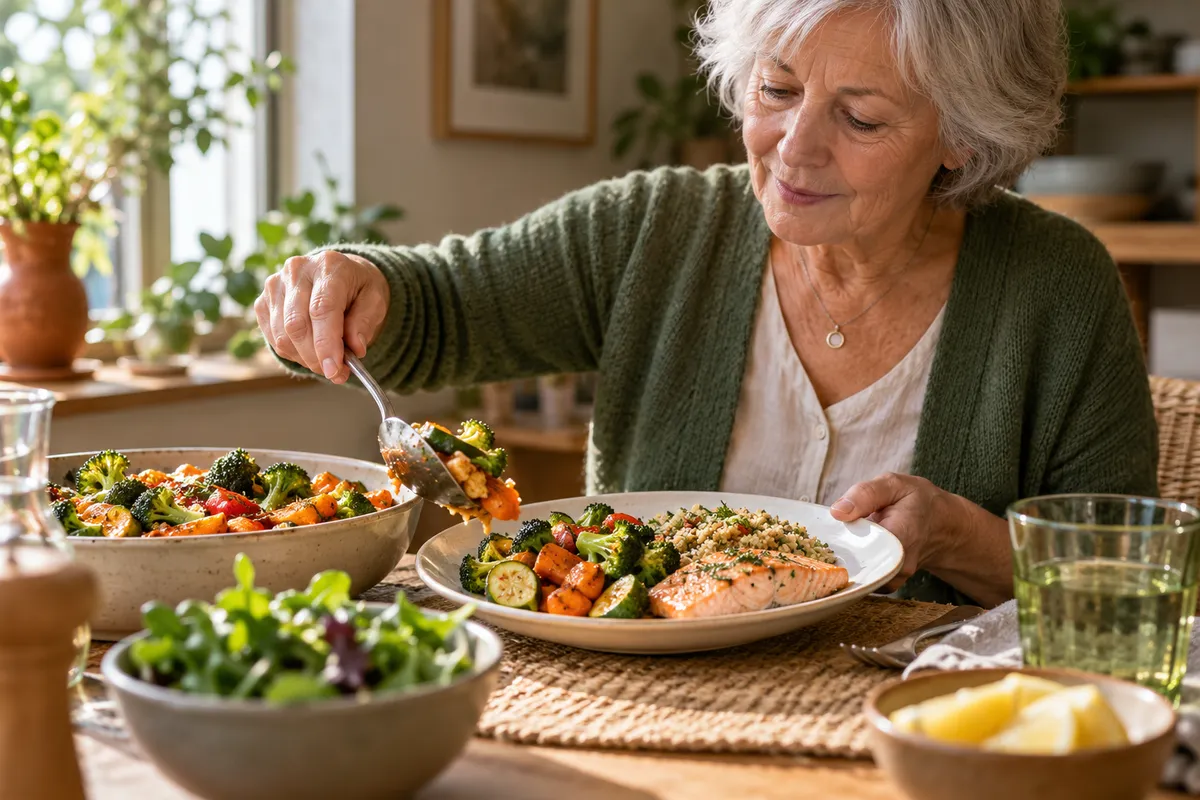 Une femme âgée se sert un repas à table.