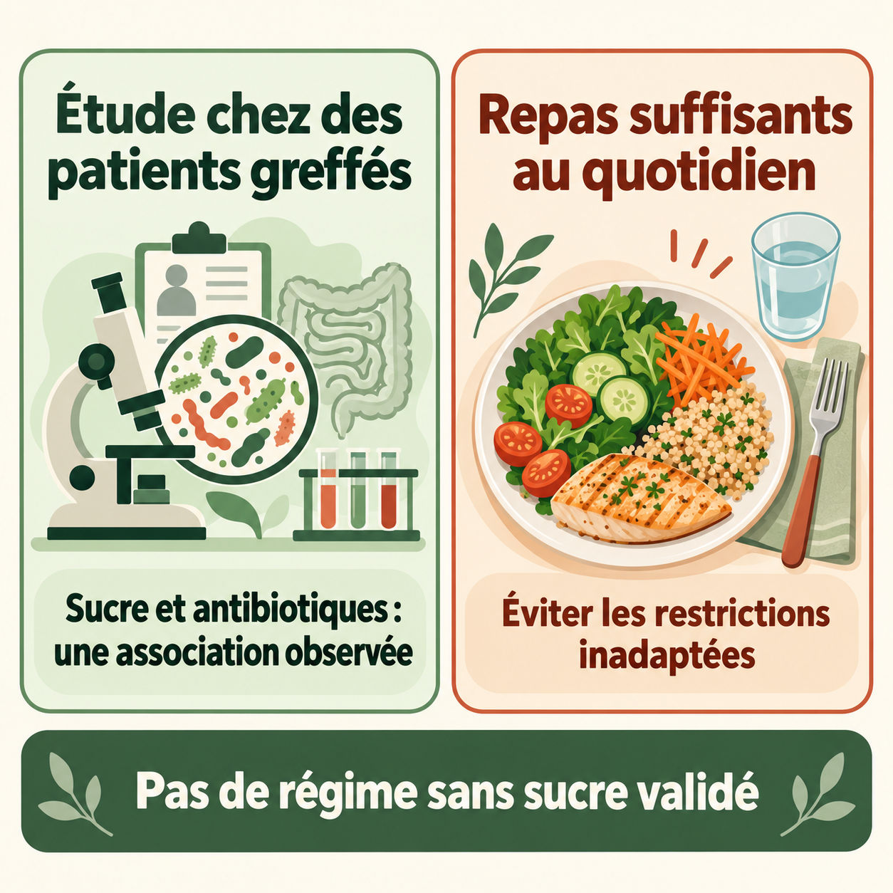 Deux repères distincts : une étude chez des patients greffés et des repas suffisants au quotidien. Aucun régime sans sucre validé.