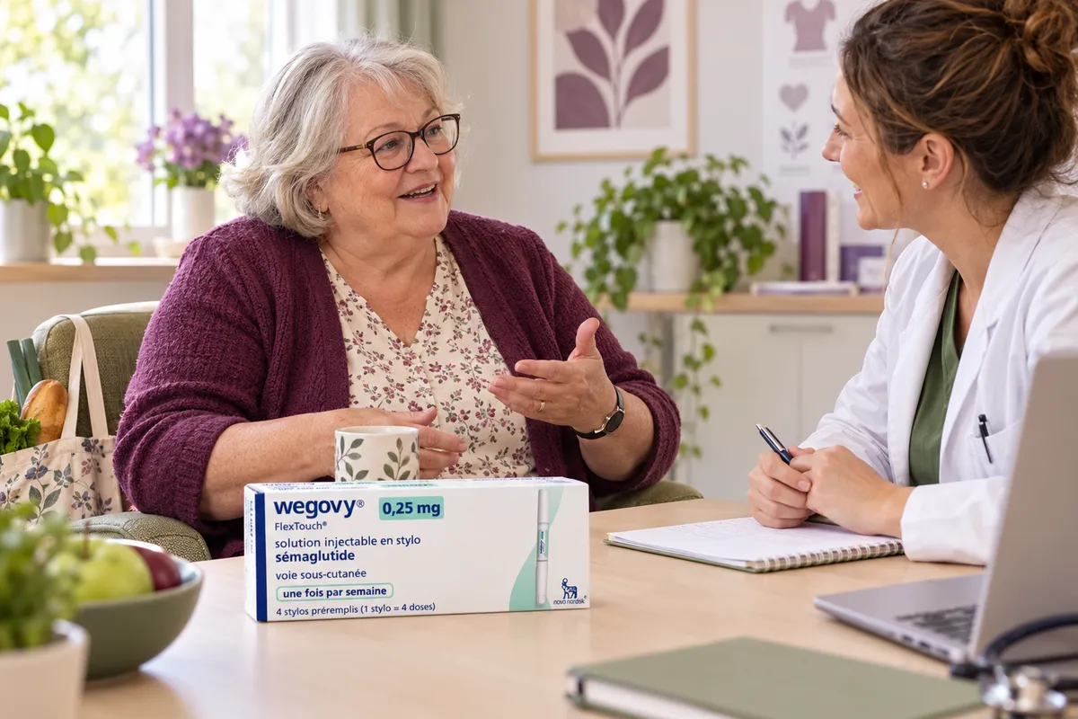 Une femme âgée échange en consultation, une boîte de médicament posée sur la table.