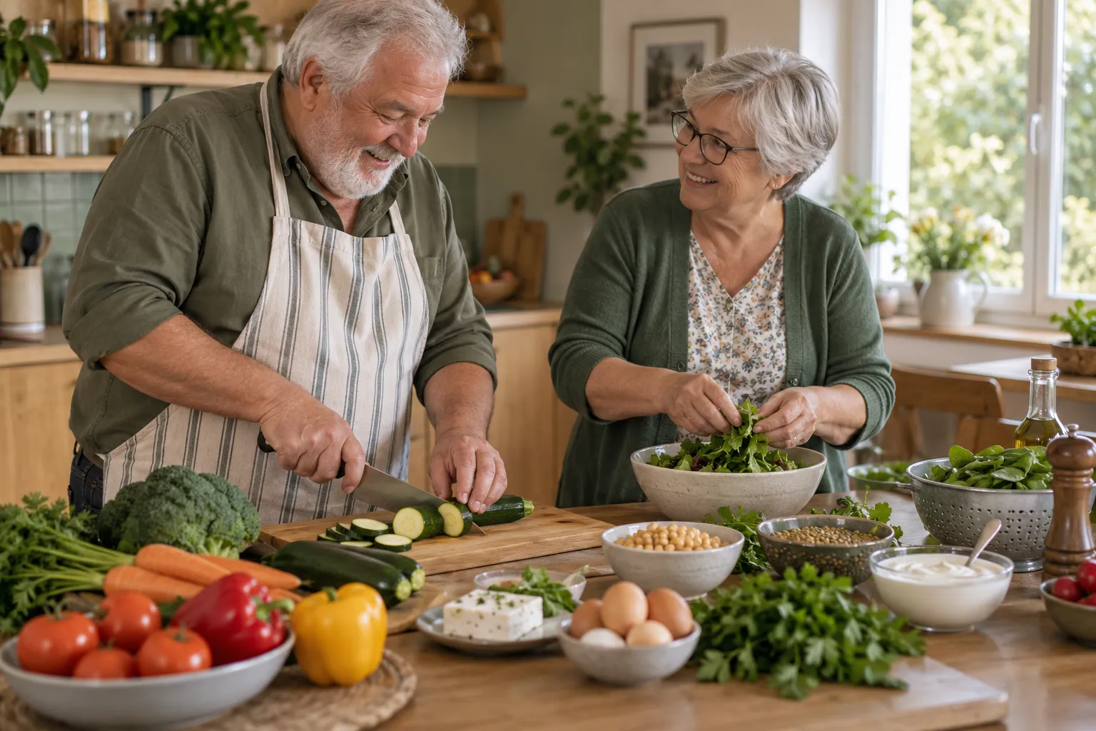 Deux retraités préparent ensemble des aliments variés pour un repas.