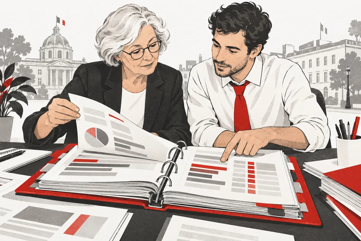 Illustration de deux générations autour d’un dossier budgétaire.
