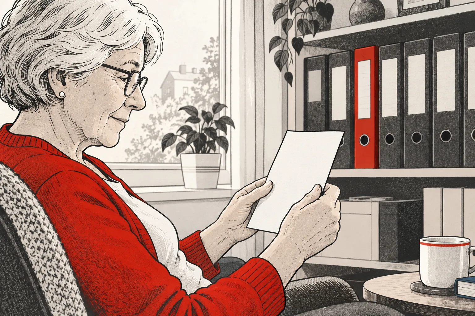 Illustration d’une retraitée tenant un document personnel, avec des classeurs administratifs en arrière-plan.