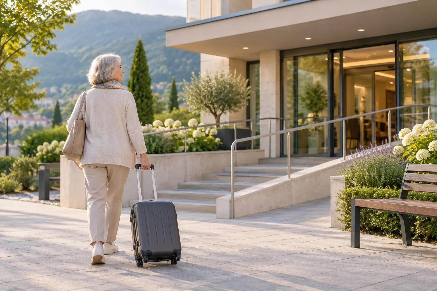 Une voyageuse âgée arrive avec une valise près d’un hébergement.